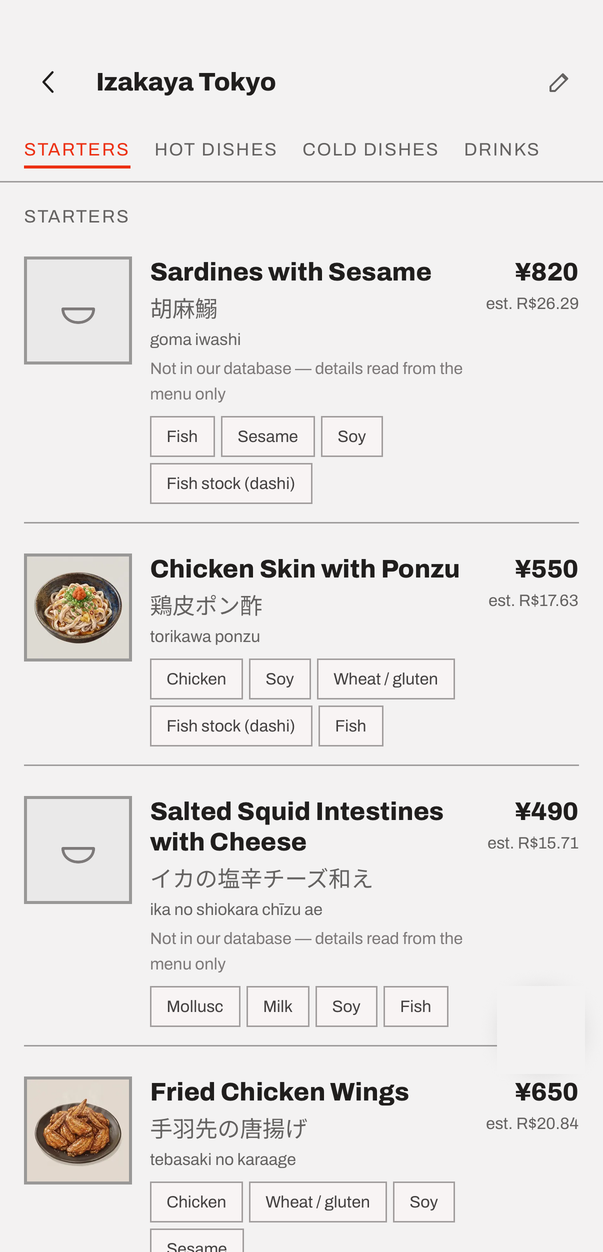 A Japanese menu read into English, with prices converted and possible allergens listed